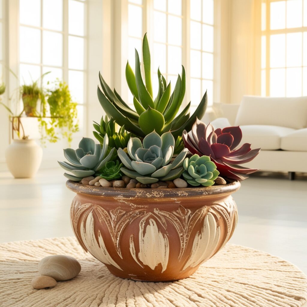 Close-up of a vibrant Echeveria succulent with rosette-shaped leaves, 
displaying a mix of green and purple hues, 
perfect for indoor gardening and low-maintenance décor